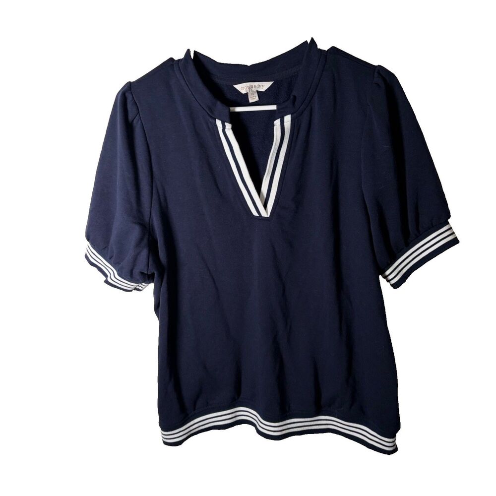 Crown & Ivy Blouse Women's XL Blue Nautical Short Sleeve V-Neck Casual Top